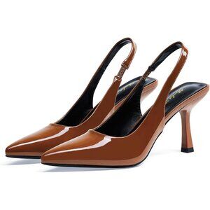 Women Brown Patent Satin Pointed Closed Toe Slingback Mid Heels Stiletto Pumps